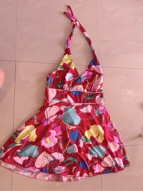 Red Floral Halter Swim Dress